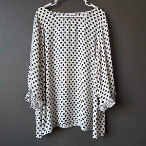 Rose + Olive Women 3X Polka Dot Blouse White Black Ruffle 3/4 Sleeve Tunic Top
